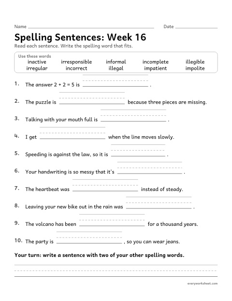 Preview of the printable “Spelling Sentences: week 16 (Prefixes in-, im-, il- and ir-)” worksheet: writing spelling words in sentences