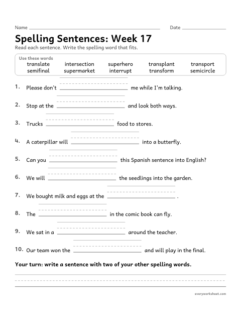 Preview of the printable “Spelling Sentences: week 17 (Prefixes inter-, trans-, super- and semi-)” worksheet: writing spelling words in sentences