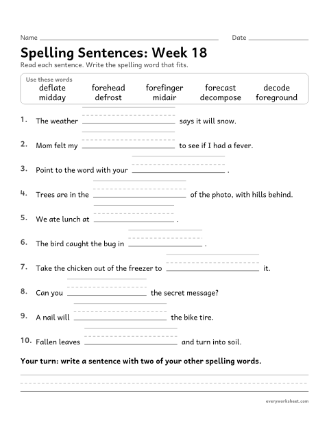 Preview of the printable “Spelling Sentences: week 18 (Prefixes fore-, mid- and de-)” worksheet: writing spelling words in sentences