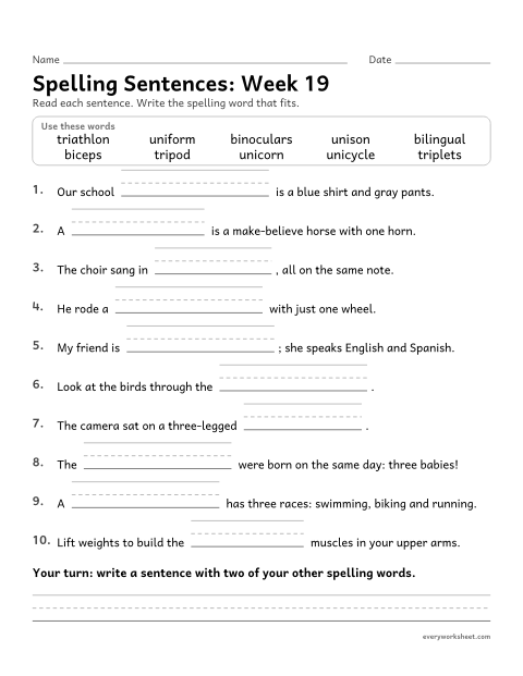 Preview of the printable “Spelling Sentences: week 19 (Number prefixes uni-, bi- and tri-)” worksheet: writing spelling words in sentences