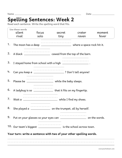 Preview of the printable “Spelling Sentences: week 2 (Open syllables)” worksheet: writing spelling words in sentences