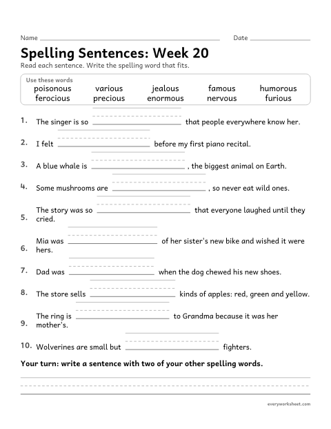 Preview of the printable “Spelling Sentences: week 20 (Suffixes -ous and -ious)” worksheet: writing spelling words in sentences
