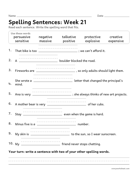 Preview of the printable “Spelling Sentences: week 21 (Endings -sive and -tive)” worksheet: writing spelling words in sentences