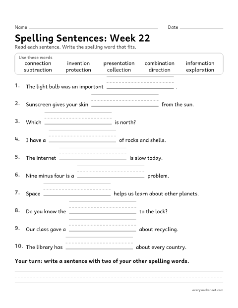Preview of the printable “Spelling Sentences: week 22 (Suffixes -tion and -ation)” worksheet: writing spelling words in sentences