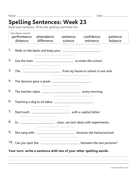 Preview of the printable “Spelling Sentences: week 23 (Endings -ance and -ence)” worksheet: writing spelling words in sentences