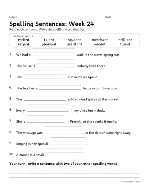 Preview of the printable “Spelling Sentences: week 24 (Endings -ant and -ent)” worksheet: writing spelling words in sentences