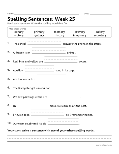 Preview of the printable “Spelling Sentences: week 25 (Endings -ary, -ery and -ory)” worksheet: writing spelling words in sentences