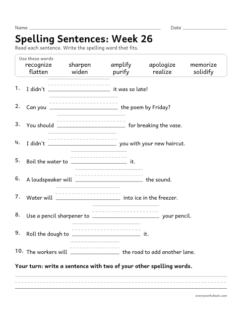 Preview of the printable “Spelling Sentences: week 26 (Suffixes -ize, -ify and -en)” worksheet: writing spelling words in sentences
