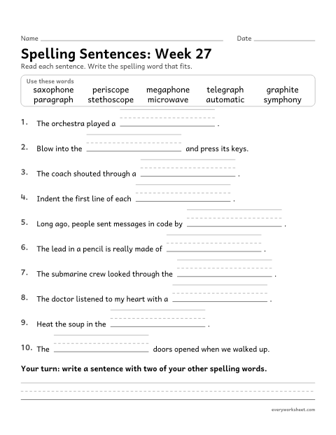 Preview of the printable “Spelling Sentences: week 27 (Greek roots)” worksheet: writing spelling words in sentences