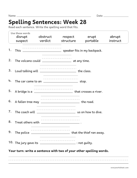 Preview of the printable “Spelling Sentences: week 28 (Latin roots: port, rupt, struct, spect, dict)” worksheet: writing spelling words in sentences