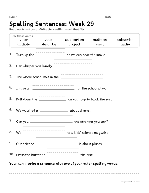 Preview of the printable “Spelling Sentences: week 29 (Latin roots: aud, vis, scrib, ject)” worksheet: writing spelling words in sentences
