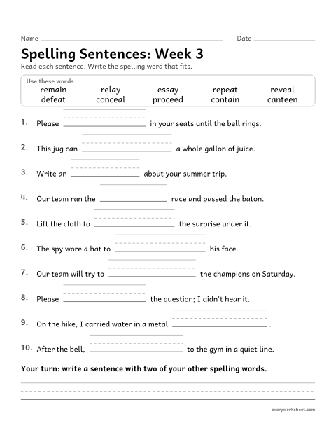 Preview of the printable “Spelling Sentences: week 3 (Long a and long e teams)” worksheet: writing spelling words in sentences