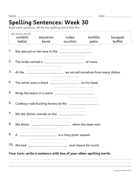 Preview of the printable “Spelling Sentences: week 30 (Words from French, spanish and Italian)” worksheet: writing spelling words in sentences