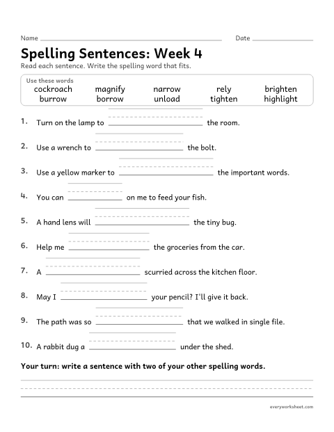 Preview of the printable “Spelling Sentences: week 4 (Long i and long o)” worksheet: writing spelling words in sentences
