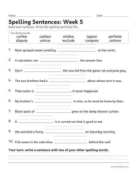 Preview of the printable “Spelling Sentences: week 5 (u_e, ue, ew and oo)” worksheet: writing spelling words in sentences