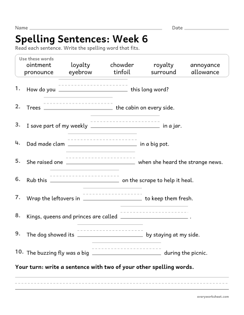 Preview of the printable “Spelling Sentences: week 6 (ou, ow, oi and oy)” worksheet: writing spelling words in sentences
