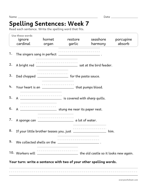 Preview of the printable “Spelling Sentences: week 7 (ar, or and ore)” worksheet: writing spelling words in sentences