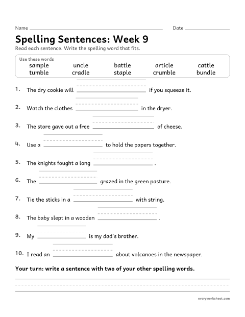 Preview of the printable “Spelling Sentences: week 9 (Consonant-le endings)” worksheet: writing spelling words in sentences