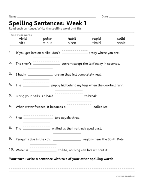 Preview of the printable “Spelling Sentences: week 1 (VCV syllables)” worksheet: writing spelling words in sentences