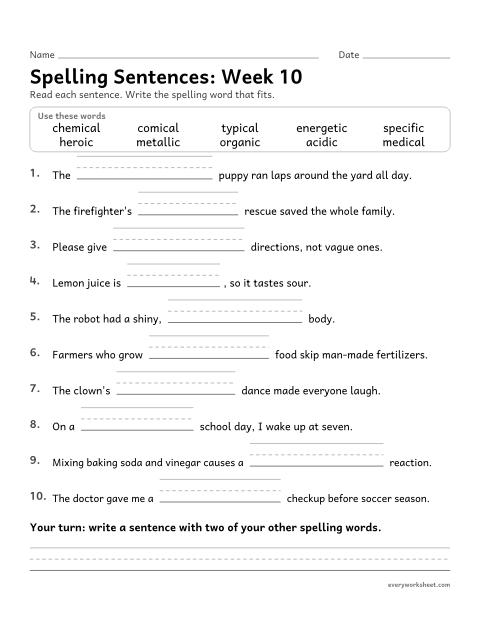 Preview of the printable “Spelling Sentences: week 10 (Suffixes -ic and -ical)” worksheet: writing spelling words in sentences