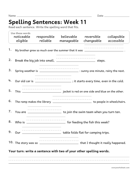 Preview of the printable “Spelling Sentences: week 11 (Suffixes -able and -ible)” worksheet: writing spelling words in sentences
