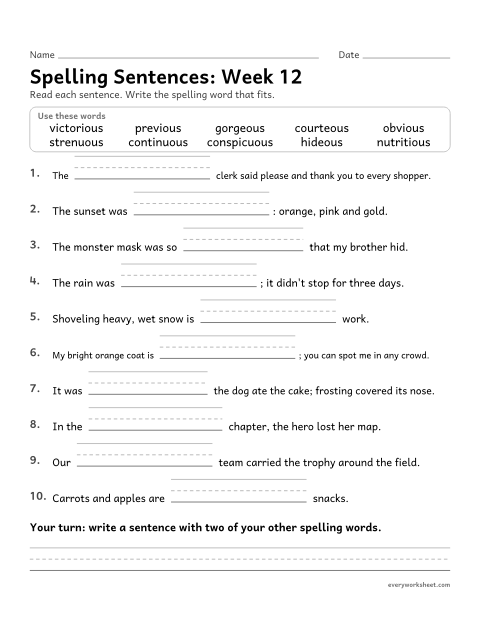Preview of the printable “Spelling Sentences: week 12 (Endings -eous, -uous and -ious)” worksheet: writing spelling words in sentences
