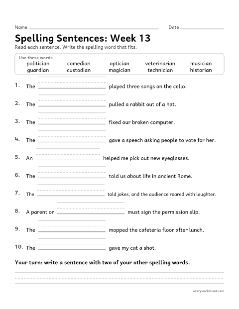 Preview of the printable “Spelling Sentences: week 13 (Suffixes -cian and -ian)” worksheet: writing spelling words in sentences