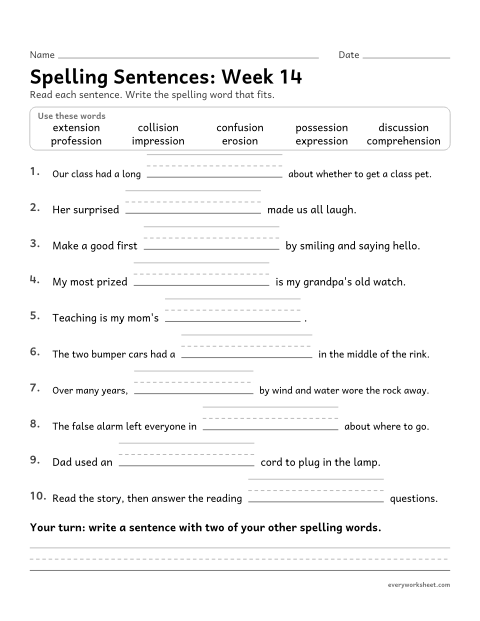 Preview of the printable “Spelling Sentences: week 14 (Suffixes -sion and -ssion)” worksheet: writing spelling words in sentences
