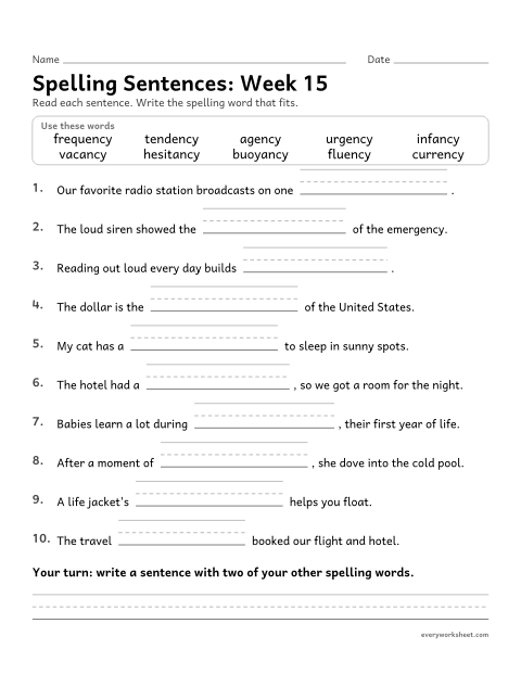 Preview of the printable “Spelling Sentences: week 15 (Suffixes -ency and -ancy)” worksheet: writing spelling words in sentences