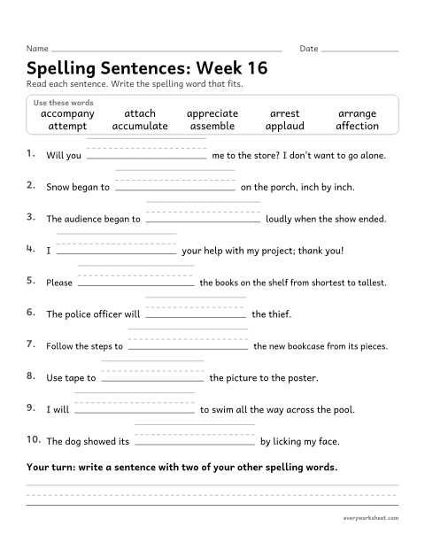 Preview of the printable “Spelling Sentences: week 16 (Prefix ad- in disguise)” worksheet: writing spelling words in sentences