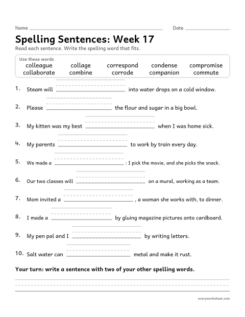 Preview of the printable “Spelling Sentences: week 17 (Prefixes con-, com-, col- and cor-)” worksheet: writing spelling words in sentences