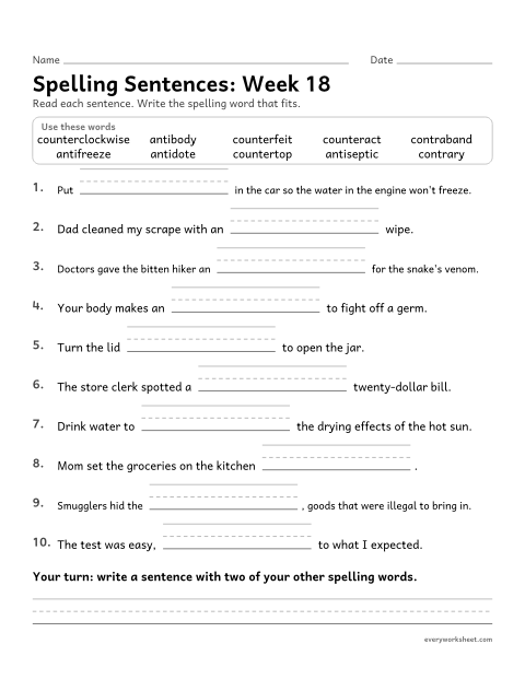 Preview of the printable “Spelling Sentences: week 18 (Prefixes anti-, counter- and contra-)” worksheet: writing spelling words in sentences