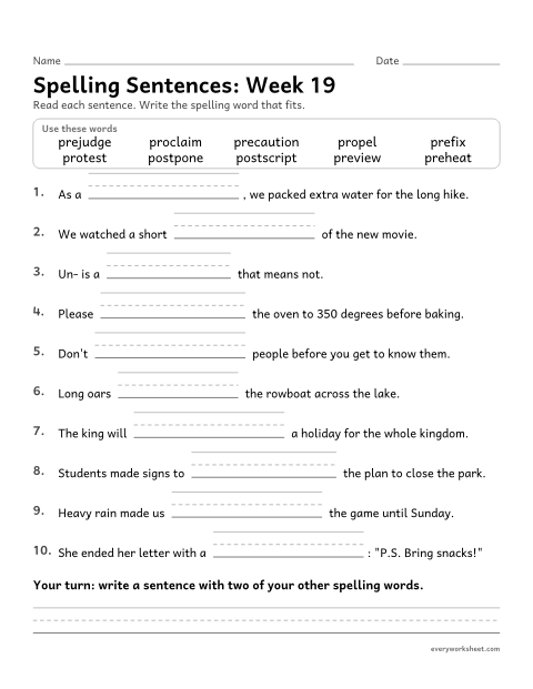 Preview of the printable “Spelling Sentences: week 19 (Prefixes pre-, pro- and post-)” worksheet: writing spelling words in sentences