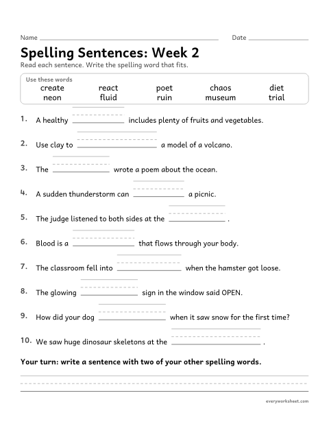 Preview of the printable “Spelling Sentences: week 2 (Vowels that split)” worksheet: writing spelling words in sentences