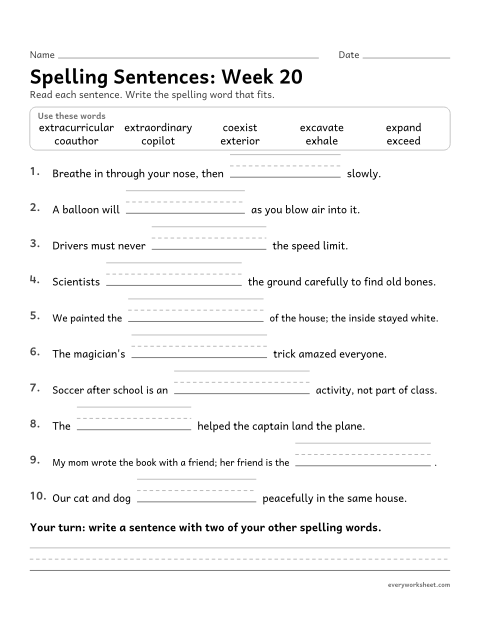 Preview of the printable “Spelling Sentences: week 20 (Prefixes ex-, extra- and co-)” worksheet: writing spelling words in sentences