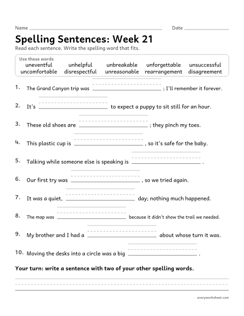 Preview of the printable “Spelling Sentences: week 21 (Prefix and suffix together)” worksheet: writing spelling words in sentences