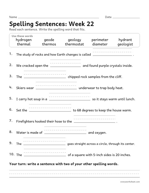 Preview of the printable “Spelling Sentences: week 22 (Greek roots: geo, therm, hydr and meter)” worksheet: writing spelling words in sentences
