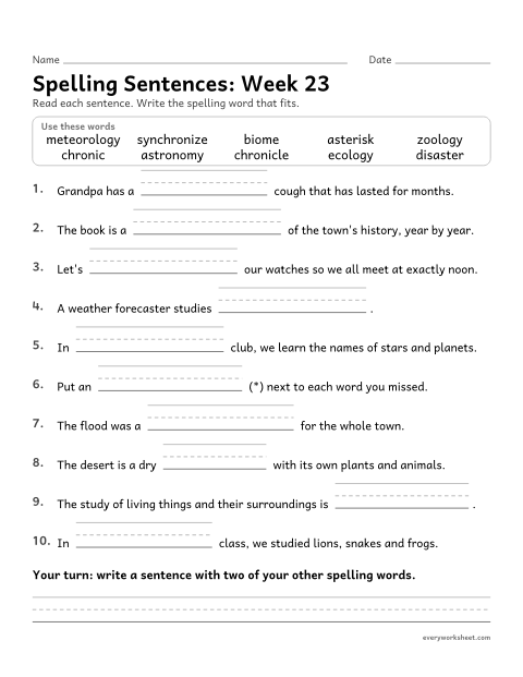 Preview of the printable “Spelling Sentences: week 23 (Greek roots: chron, astr, bio and logy)” worksheet: writing spelling words in sentences