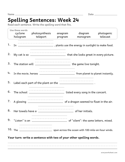 Preview of the printable “Spelling Sentences: week 24 (Greek roots: photo, tele, gram and cycl)” worksheet: writing spelling words in sentences