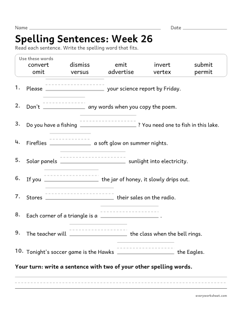 Preview of the printable “Spelling Sentences: week 26 (Latin roots: mit, miss and vert)” worksheet: writing spelling words in sentences