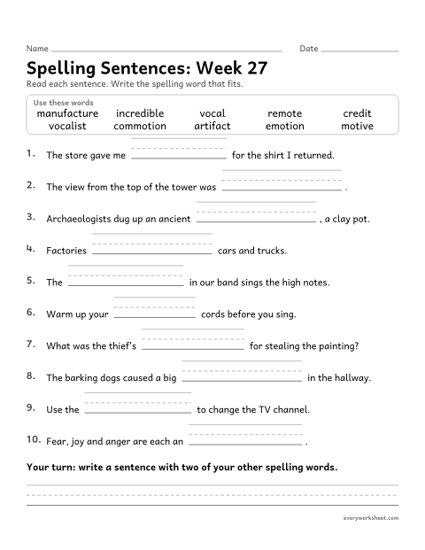 Preview of the printable “Spelling Sentences: week 27 (Latin roots: cred, fact, voc and mot)” worksheet: writing spelling words in sentences