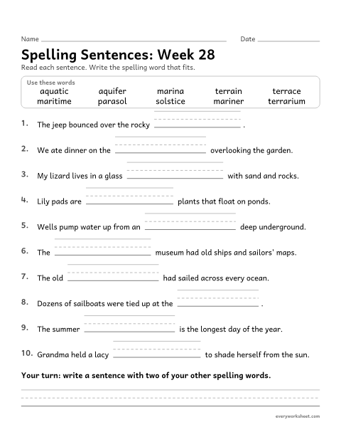 Preview of the printable “Spelling Sentences: week 28 (Latin roots: terr, aqu, mar and sol)” worksheet: writing spelling words in sentences