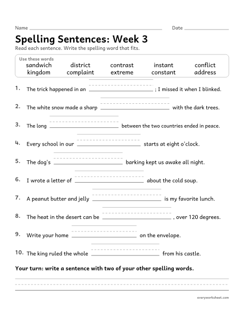 Preview of the printable “Spelling Sentences: week 3 (Three consonants in the middle)” worksheet: writing spelling words in sentences