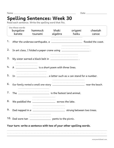 Preview of the printable “Spelling Sentences: week 30 (Words from other languages)” worksheet: writing spelling words in sentences