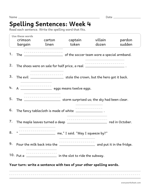 Preview of the printable “Spelling Sentences: week 4 (Schwa endings: -ain, -en and -on)” worksheet: writing spelling words in sentences