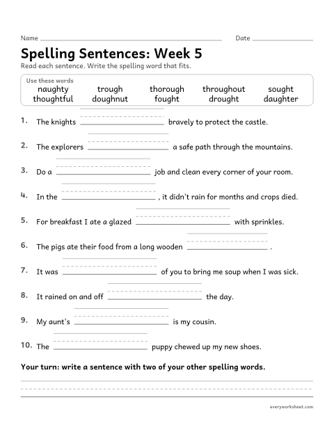 Preview of the printable “Spelling Sentences: week 5 (ough and augh)” worksheet: writing spelling words in sentences