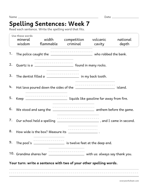 Preview of the printable “Spelling Sentences: week 7 (Related words: long to short vowels)” worksheet: writing spelling words in sentences