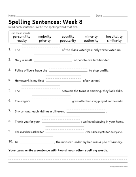 Preview of the printable “Spelling Sentences: week 8 (Suffix -ity: the hidden vowel)” worksheet: writing spelling words in sentences
