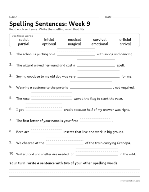 Preview of the printable “Spelling Sentences: week 9 (Suffixes -al and -ial)” worksheet: writing spelling words in sentences