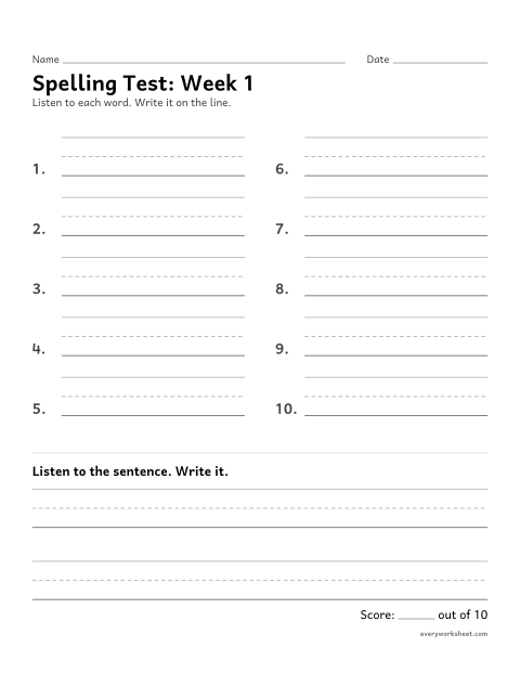 Preview of the printable “Spelling Test: week 1 (Short a)” worksheet: spelling ten words and a sentence from dictation
